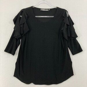 Sympli Top size 8 Black Round Neck Ruffle 3/4 Sleeve Stretch Knit Blouse Office